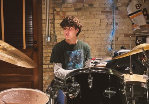 Dylan Stiller providing the heartbeat of the band at another productive rehearsal.