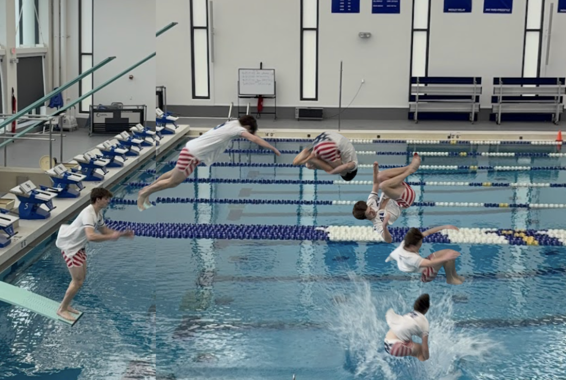 Cooper Kasdin (Senior) backflipping into the indoor pool, raising money for Propel a Cure.